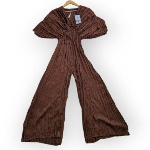 Zara Brown Wrinkled Satin Effect Jumpsuit Size XS Women - Picture 2 of 8